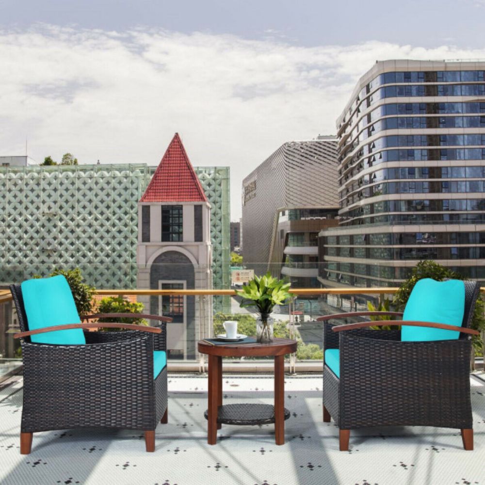 3-Pieces Outdoor Wicker Wooden Frame Patio Conversation Furniture Set with Turquoise Cushion