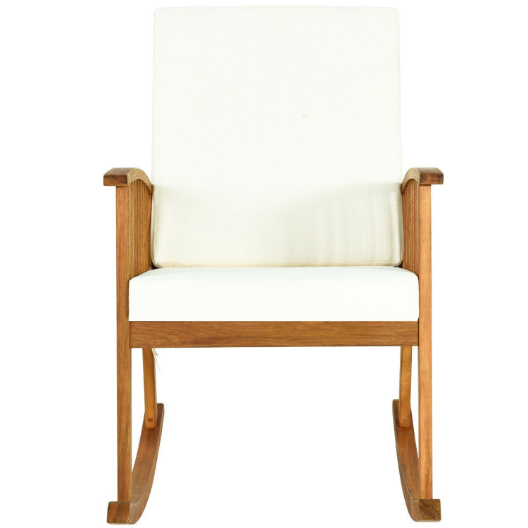 Acacia Wood Outdoor Rocking Chair with White Cushions