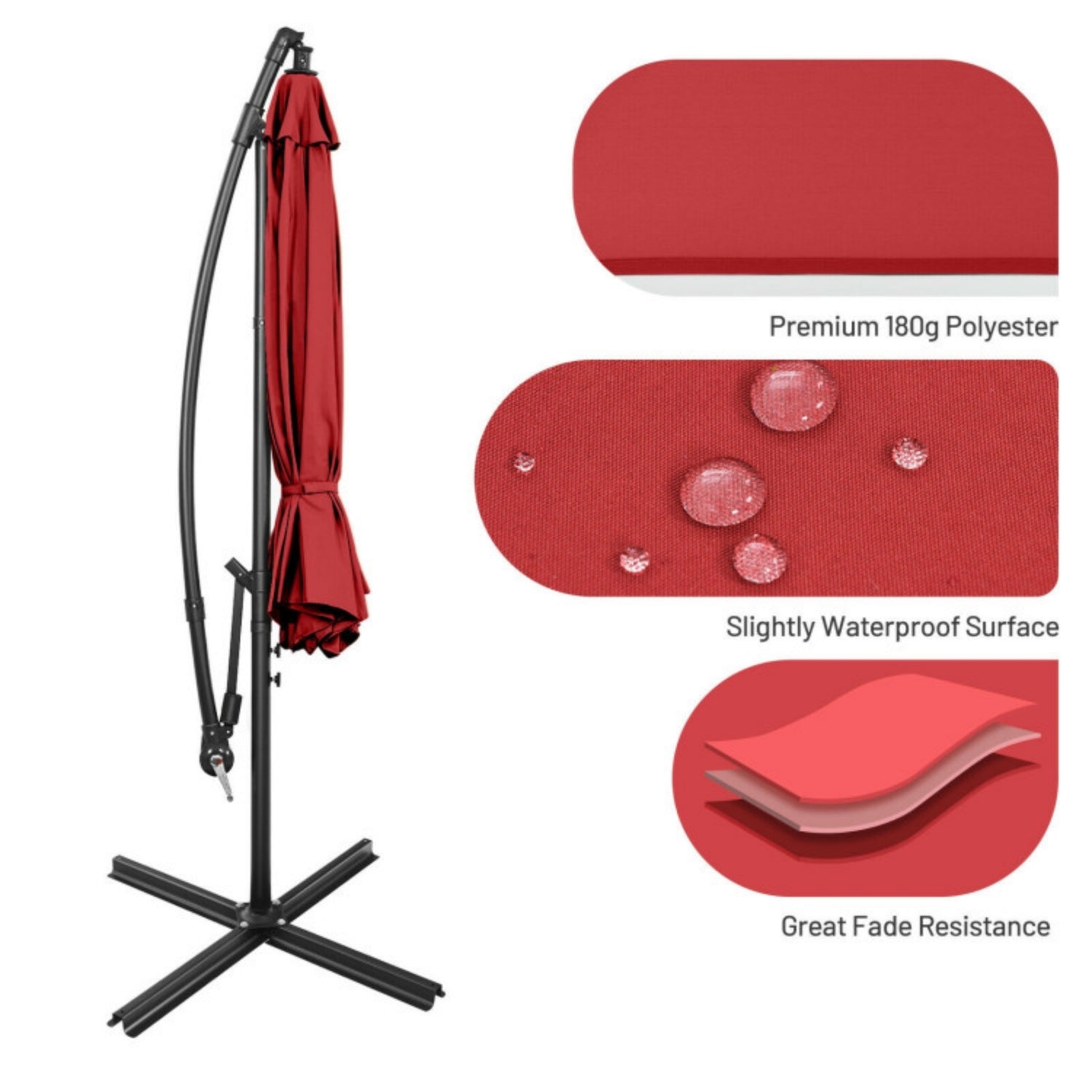 SUGIFT 10 Feet Offset Umbrella with 9 Ribs Cantilever and Cross Base,Red