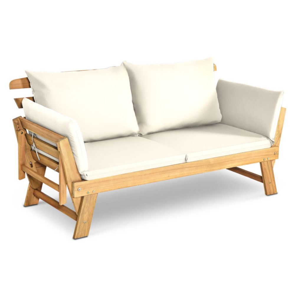 1-Piece Wooden Outdoor Convertible Recliner Sofa with White Cushions