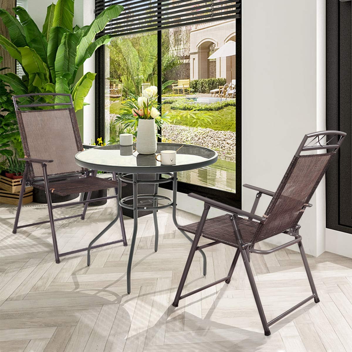 Brown Folding Metal Outdoor Dining Chairs with Steel Armrest (4-Pack)