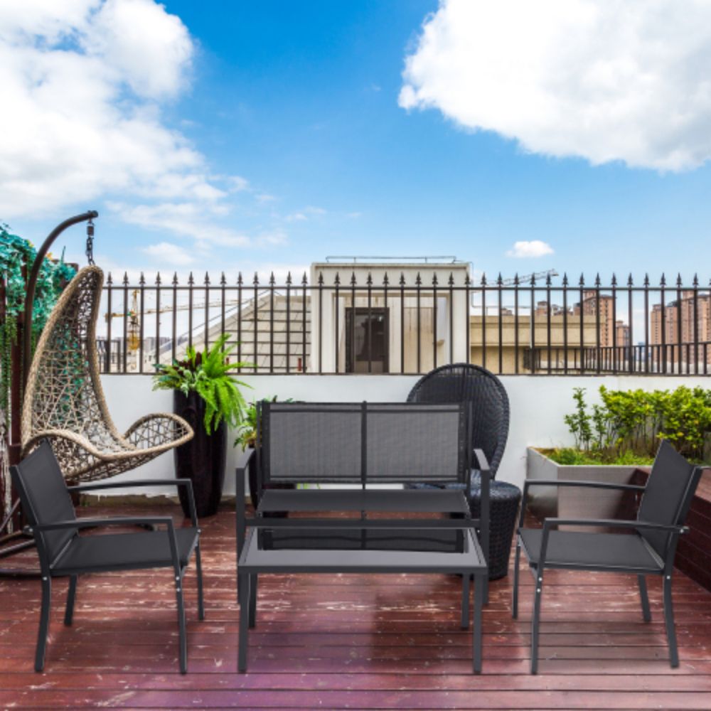 Black 4-Piece Metal Furniture Patio Conversation Set with Glass Top Coffee Table
