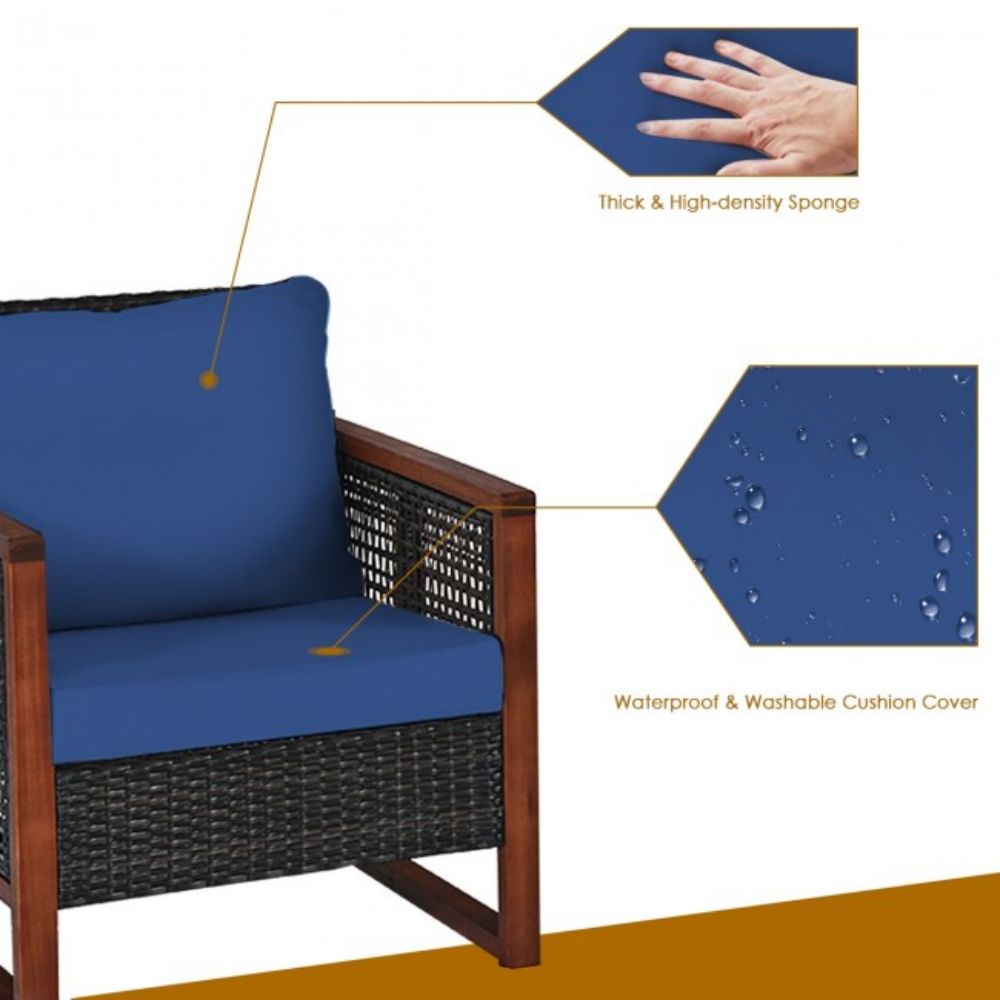 3-Pieces Outdoor Wicker Wooden Frame Patio Conversation Furniture Set with Navy Cushion