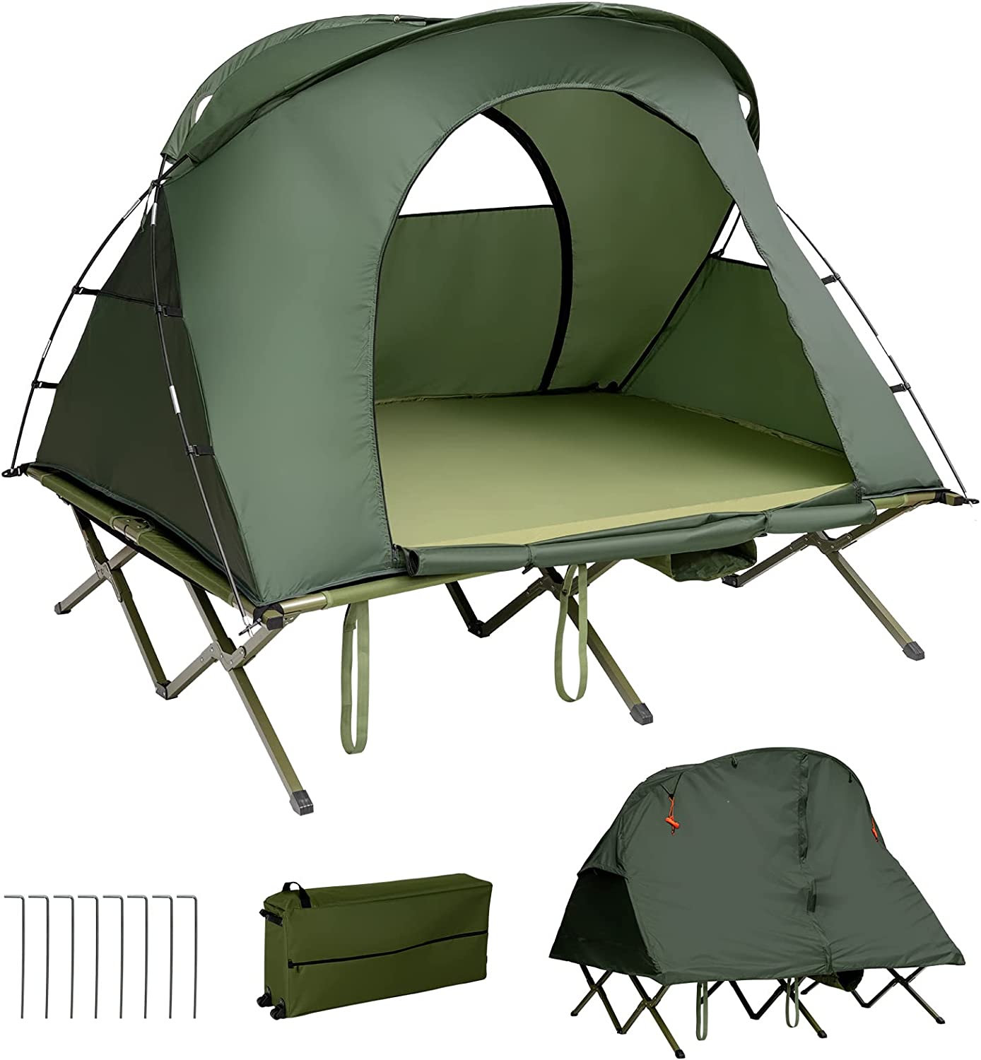 2-Person Green Outdoor Folding Camping Tent Elevated Tent with External Cover