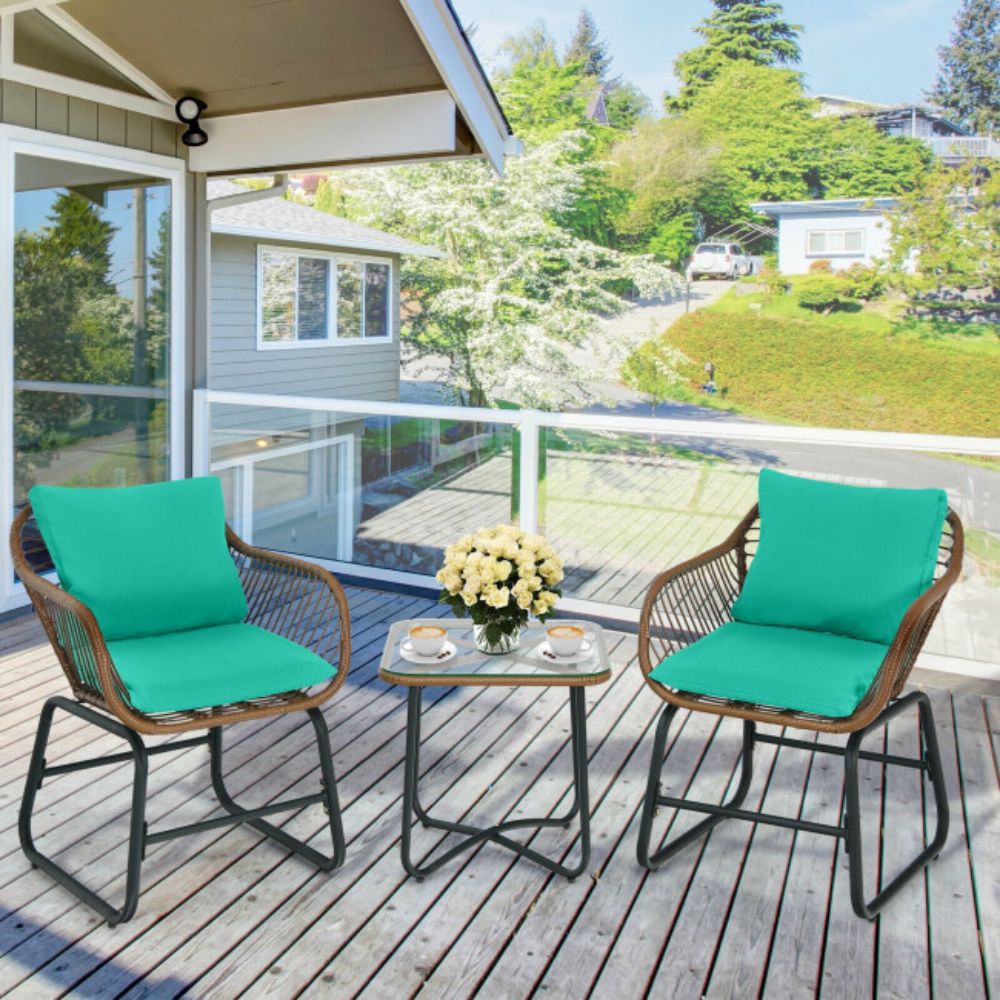 3-Piece Wicker Outdoor Bistro Bistro Set with Turquoise Cushion and Glass Table