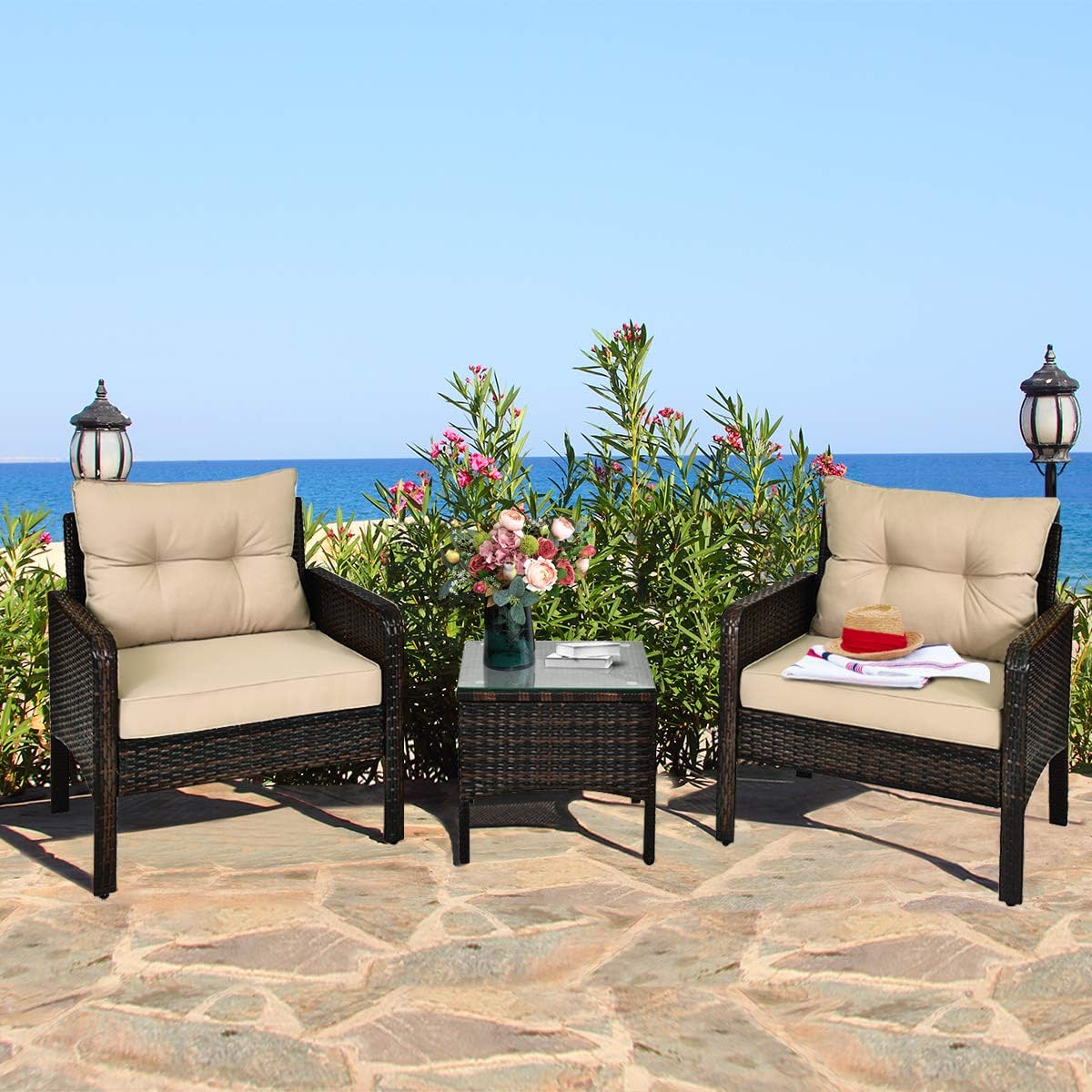 3-Pieces Outdoor Wicker Patio Conversation Furniture Set with Beige Cushion