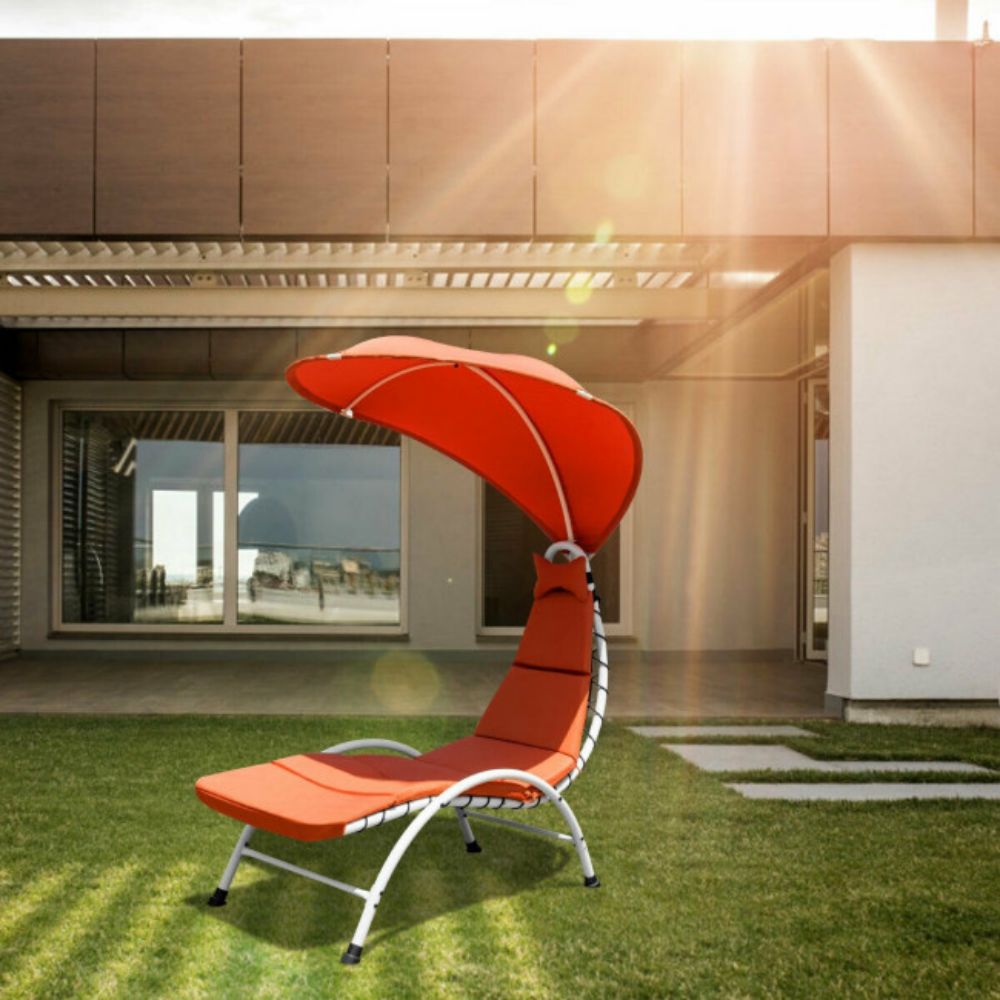 Metal Outdoor Canopy Chaise Lounge Chair with Orange Canopy and Cushion
