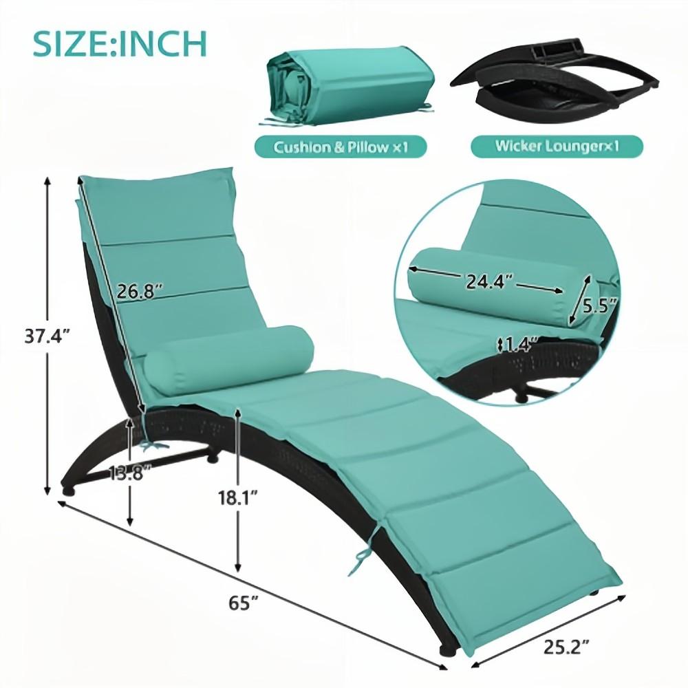 Black Wicker Outdoor Patio Sun Foldable Chaise Lounger with Turquoise Removable Cushion and Pillow