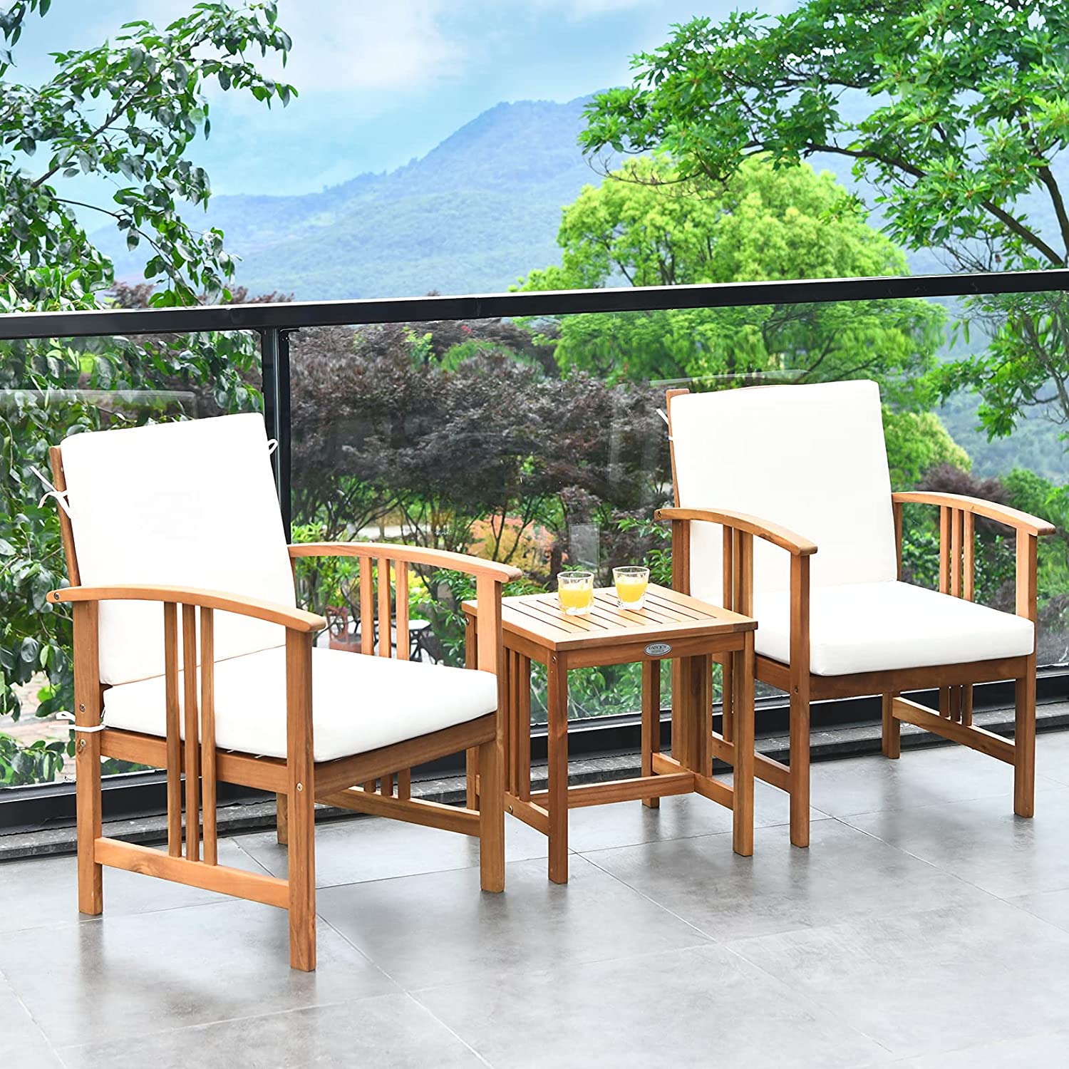 3-Pieces Outdoor Wooden Patio Conversation Furniture Set with White Cushion
