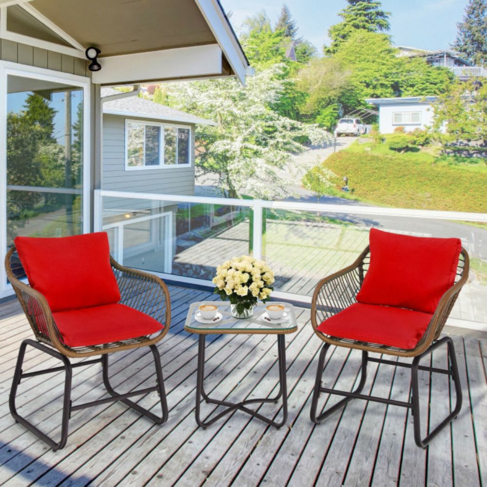3-Piece Wicker Outdoor Bistro Bistro Set with Red Cushion and Glass Table