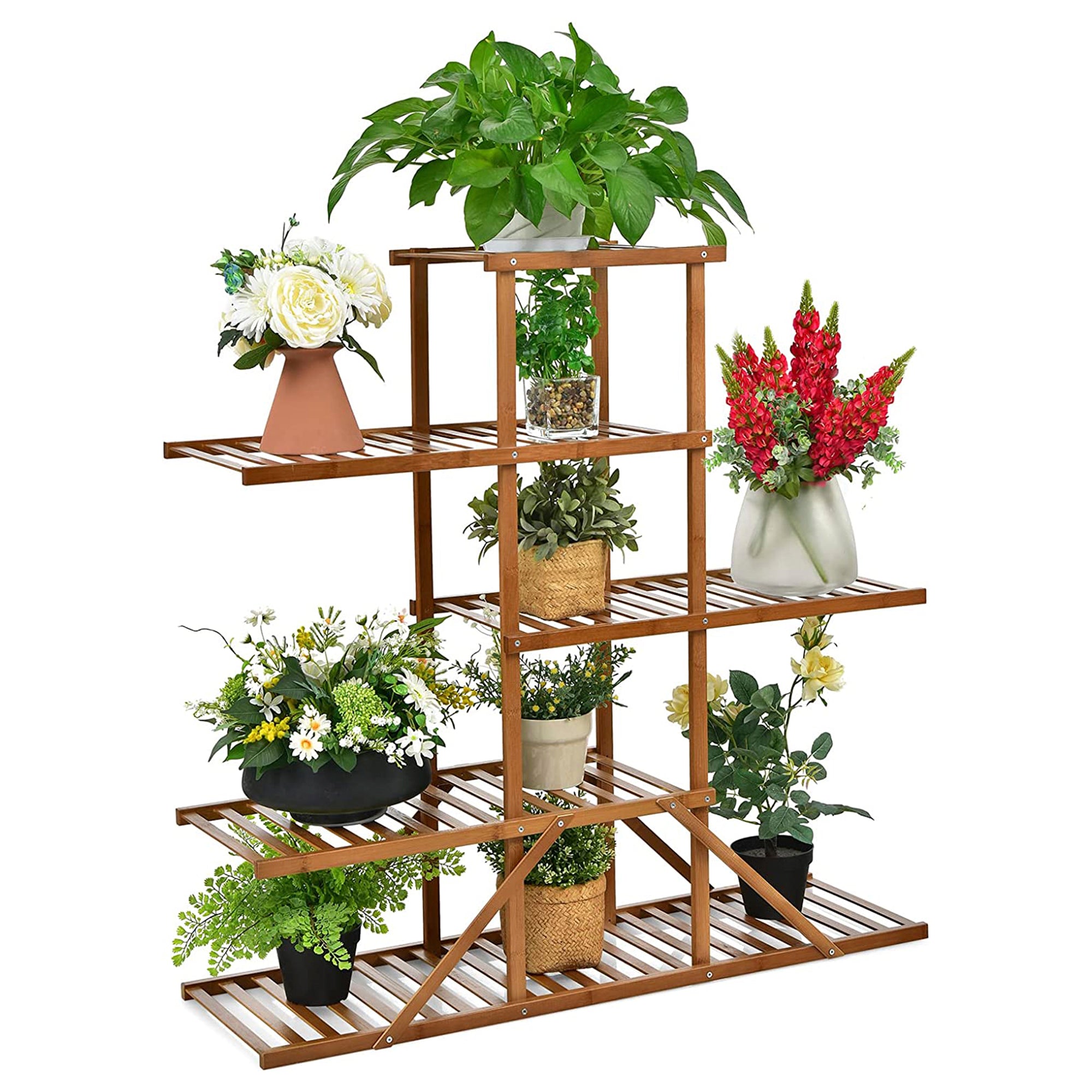 Brown Indoor/Outdoor Wood Plant Stand 10 Potted Plant Shelf Display Holder (5-Tier)