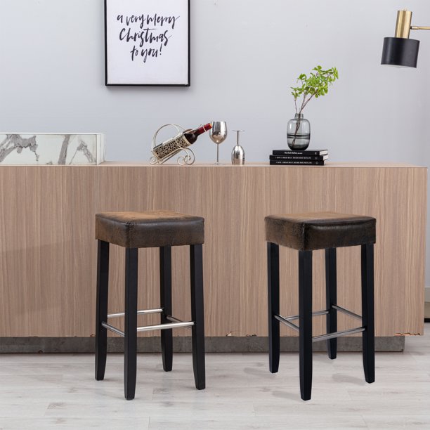 SUGIFT 2-Pcs Barstool Set High Chair, Brown Fabric and Black Wood Finish