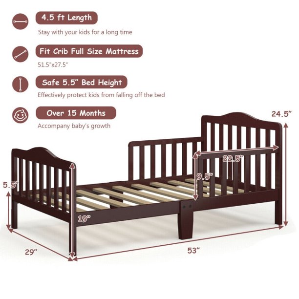 SUGIFT Wooden Toddler Bed, Classic Design Wood Bed Frame, Two Side Safety Guardrails & Wooden Slat Support for Kids Boys & Girls,Brown