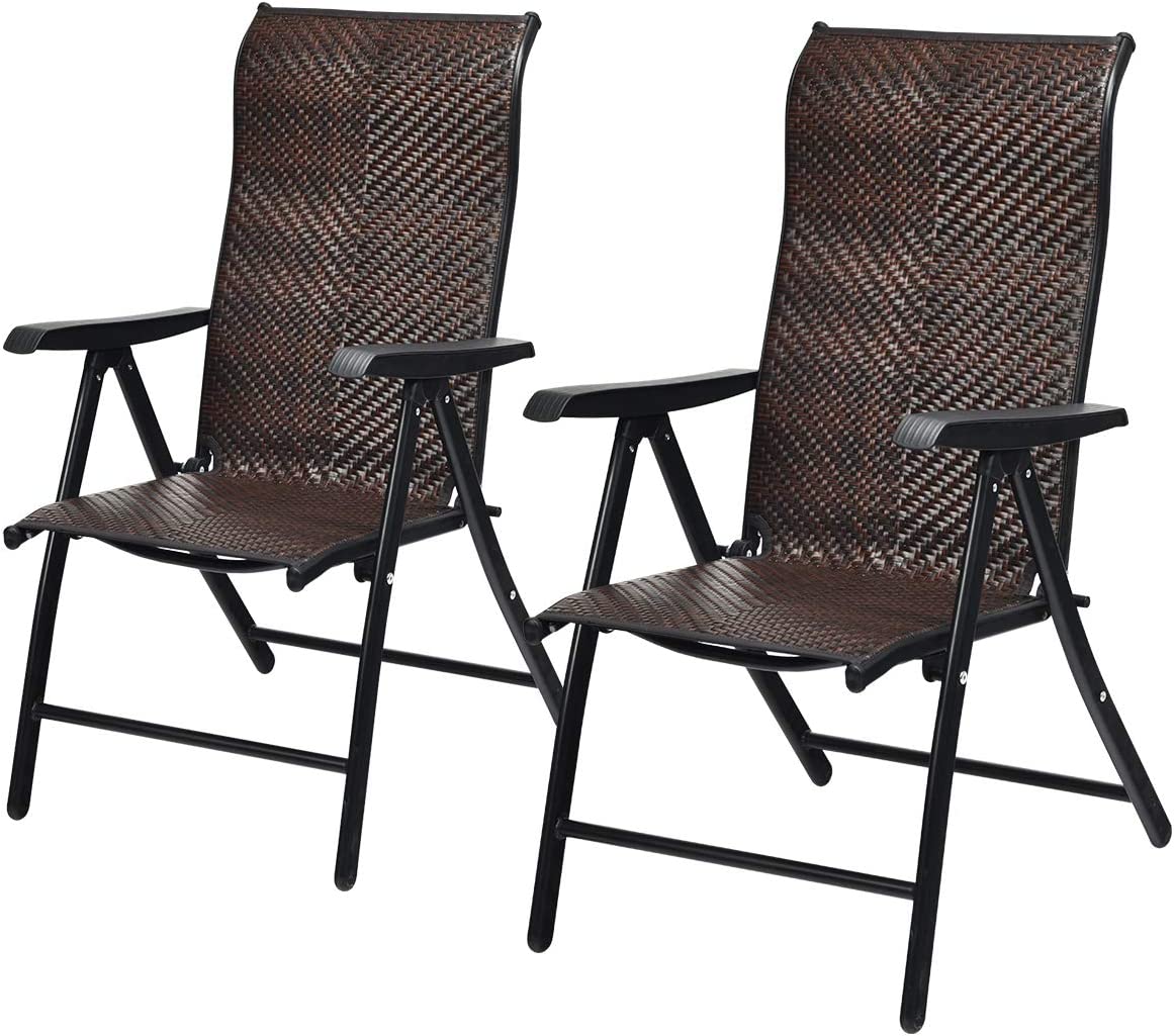 Outdoor Patio Rattan Folding Reclining Back Adjustable Portable Camping Chair (2-Pack)