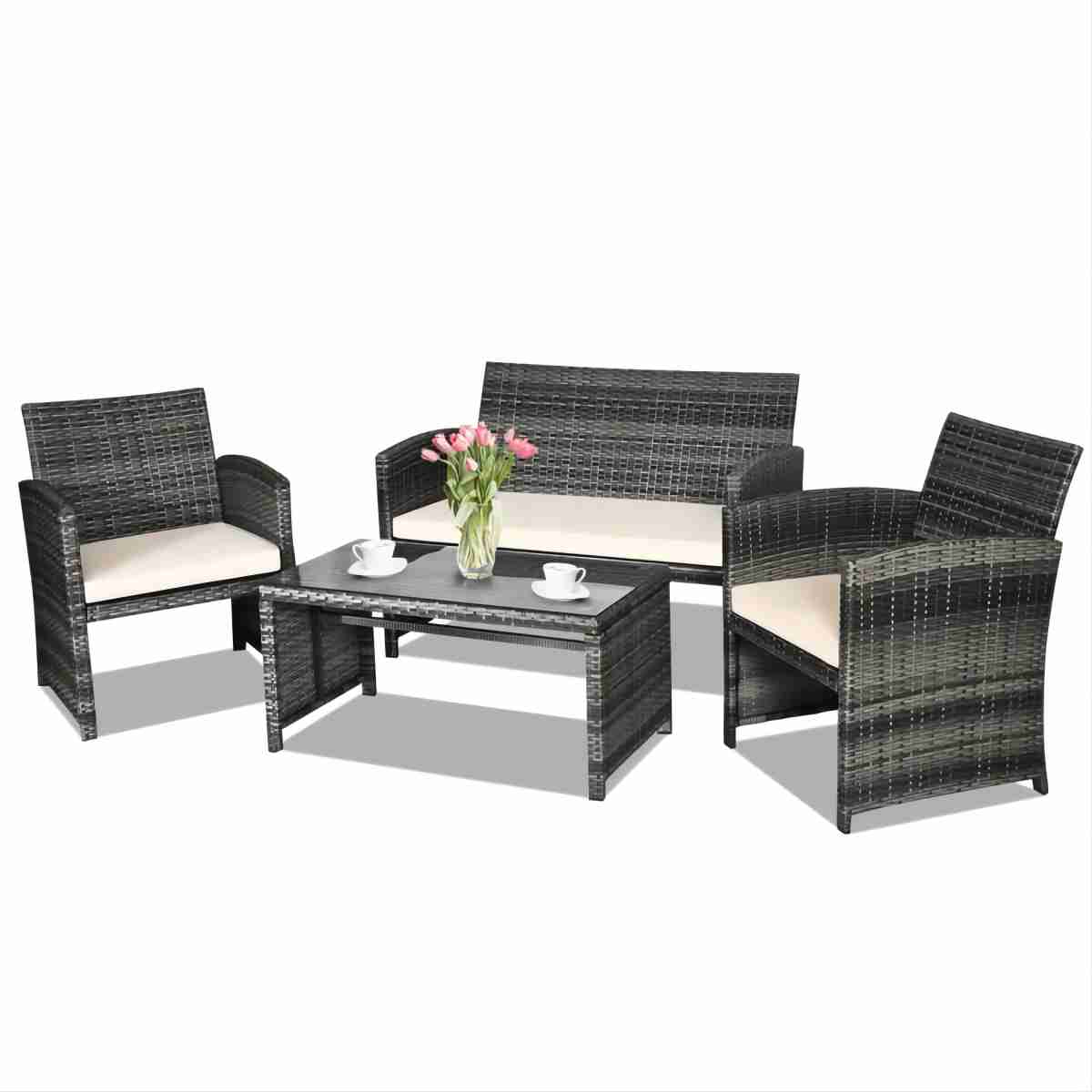 Mixed Grey 4-Piece Wicker Patio Conversation Set with Beige Cushions