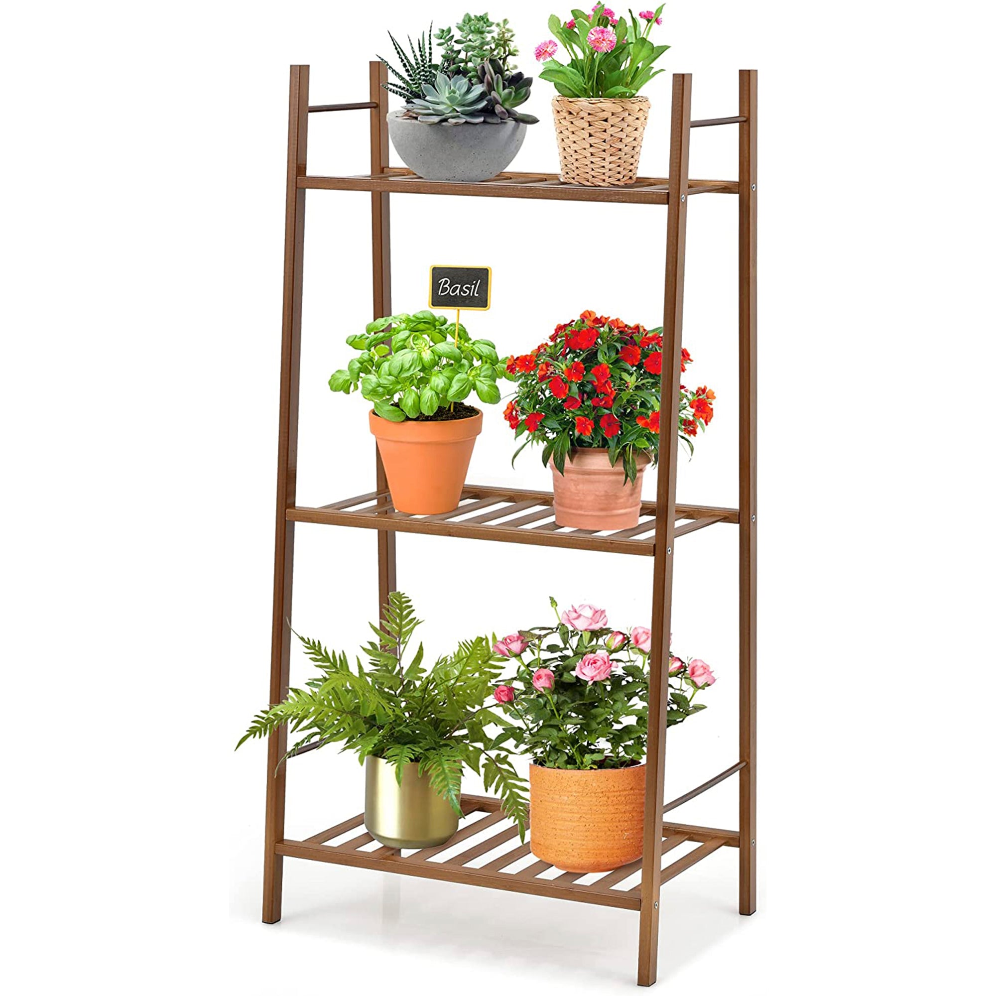 Indoor/Outdoor Brown Bamboo Wood Ladder Plant Stand Display Holder (3-Tier)