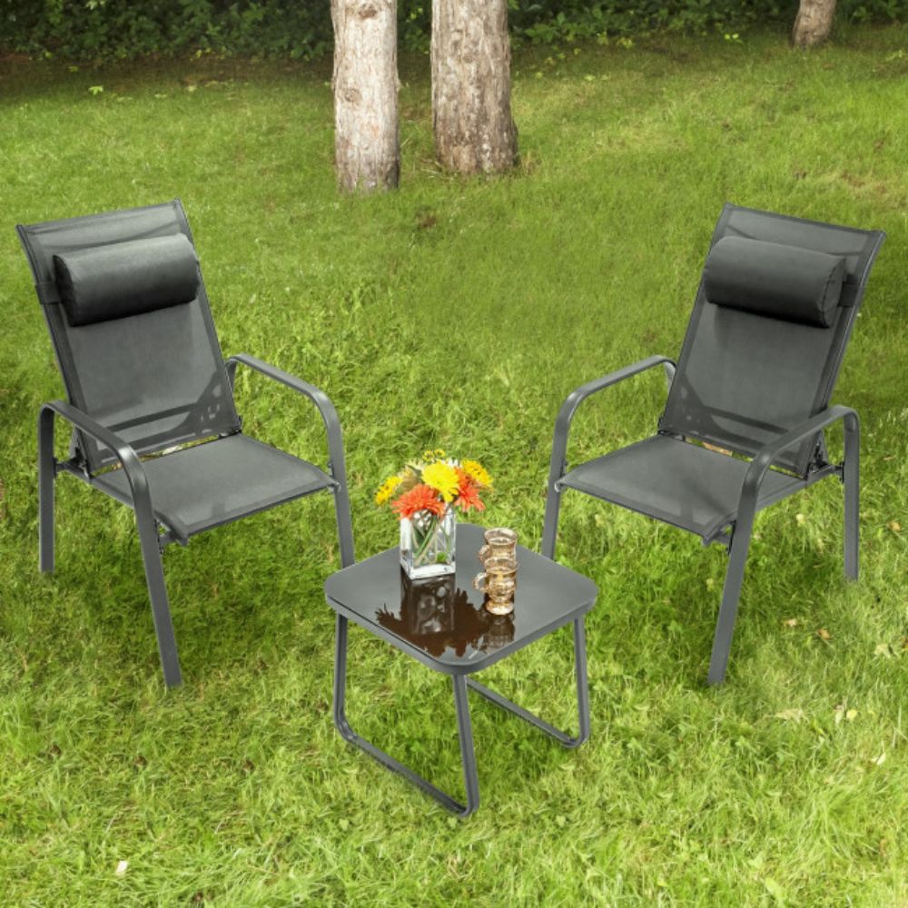 Gray 3-Pieces Metal Stackable Outdoor Patio Bistro Conversation Set with Adjustable Backrest