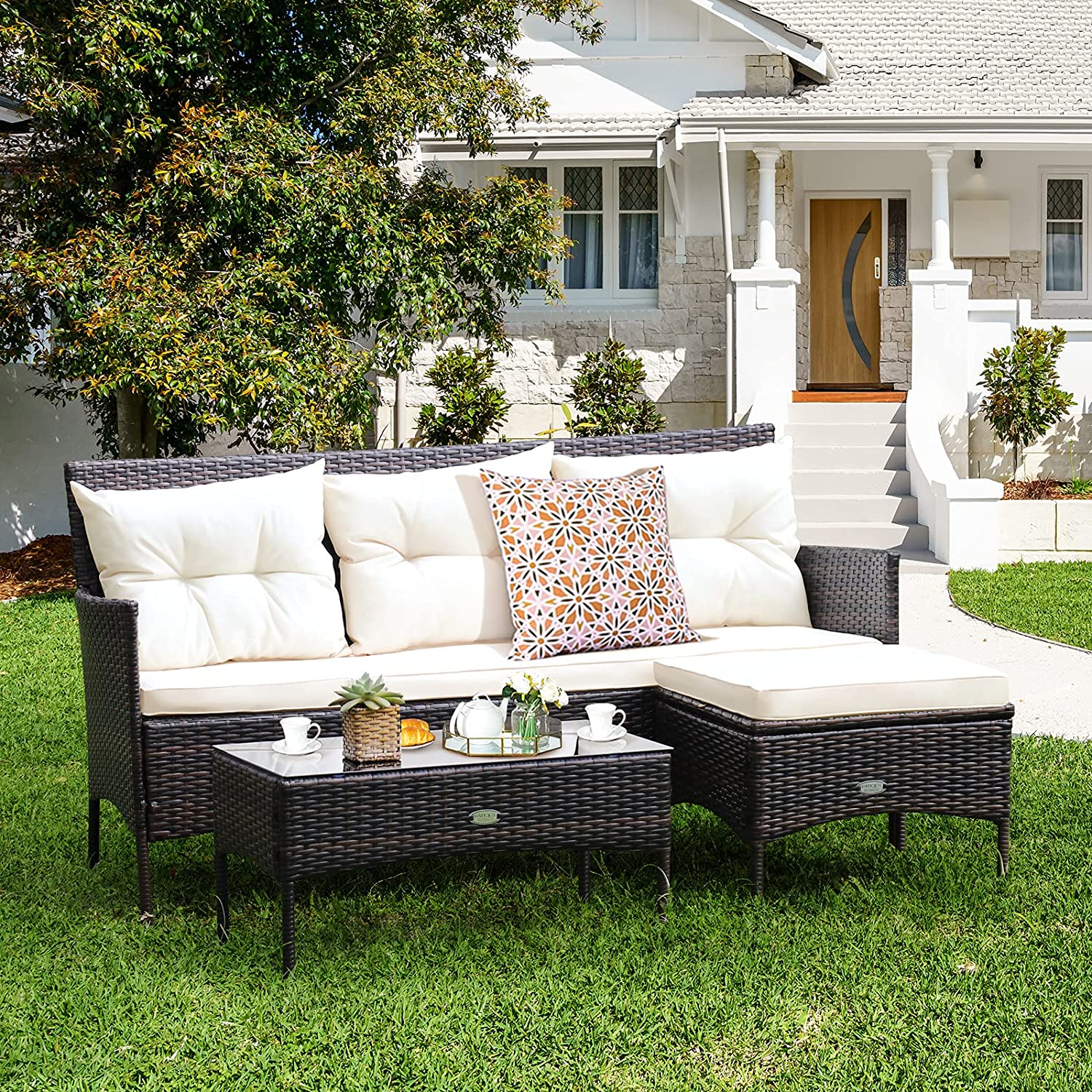 3-Piece Wicker Outdoor Sectional Conversation Set with 5 White Seat and Back Cushions