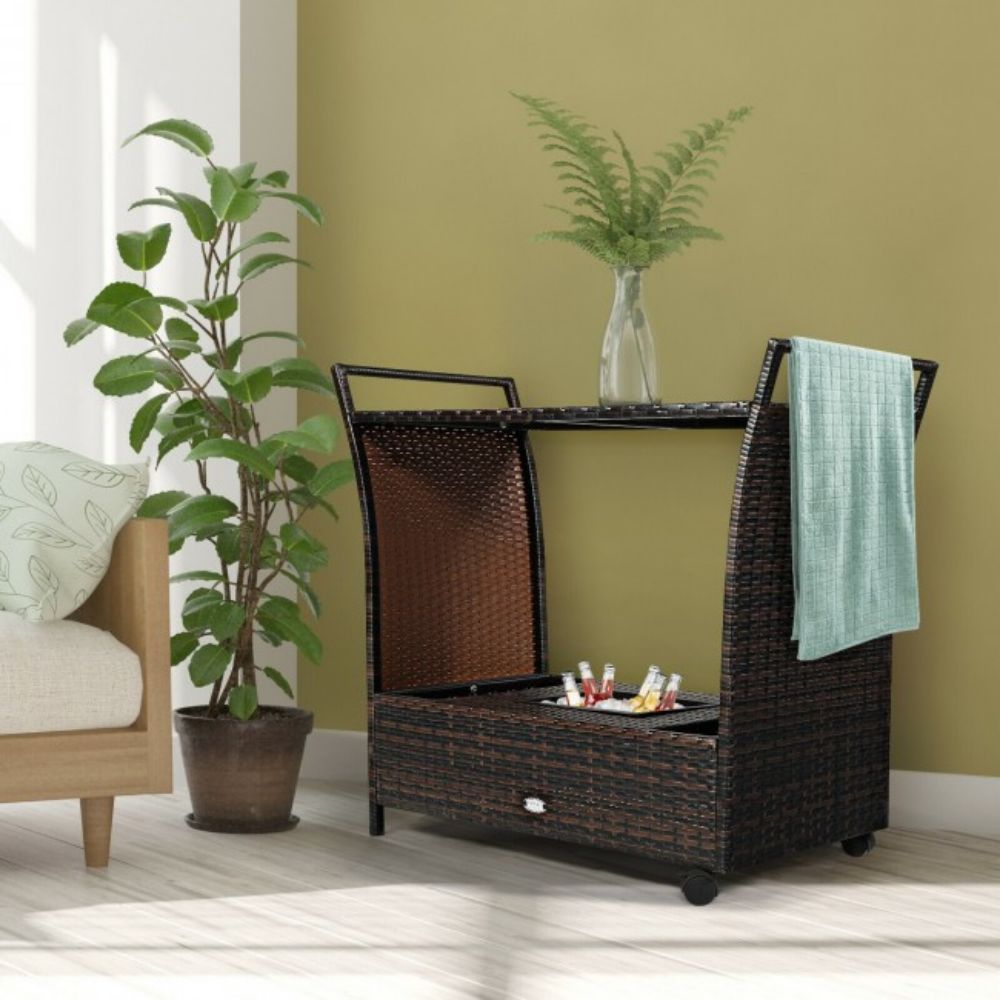 Outdoor Patio Wicker Rattan Bar Serving Cart with Glass Top and Handle