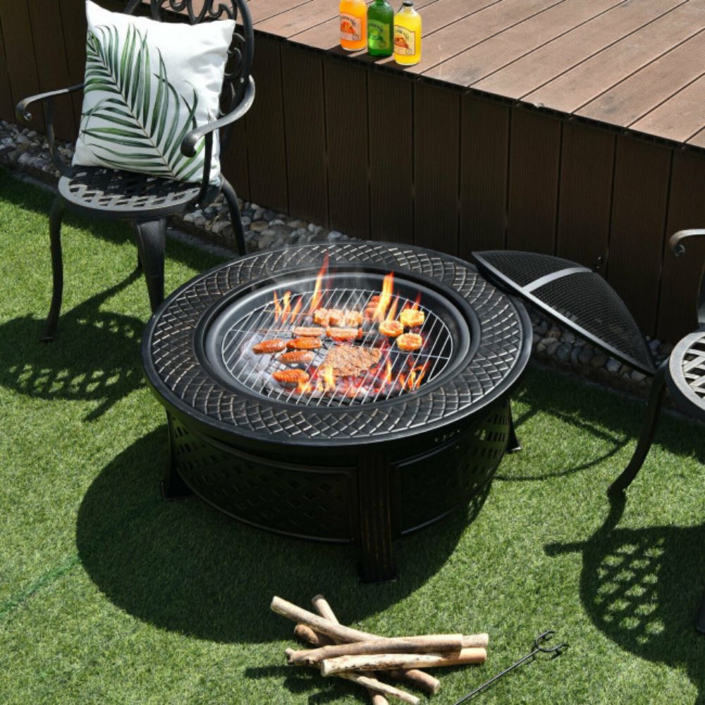 32 in. Outdoor Round Wood Burning Fire Pit with BBQ Grill and High-Temp Resistance