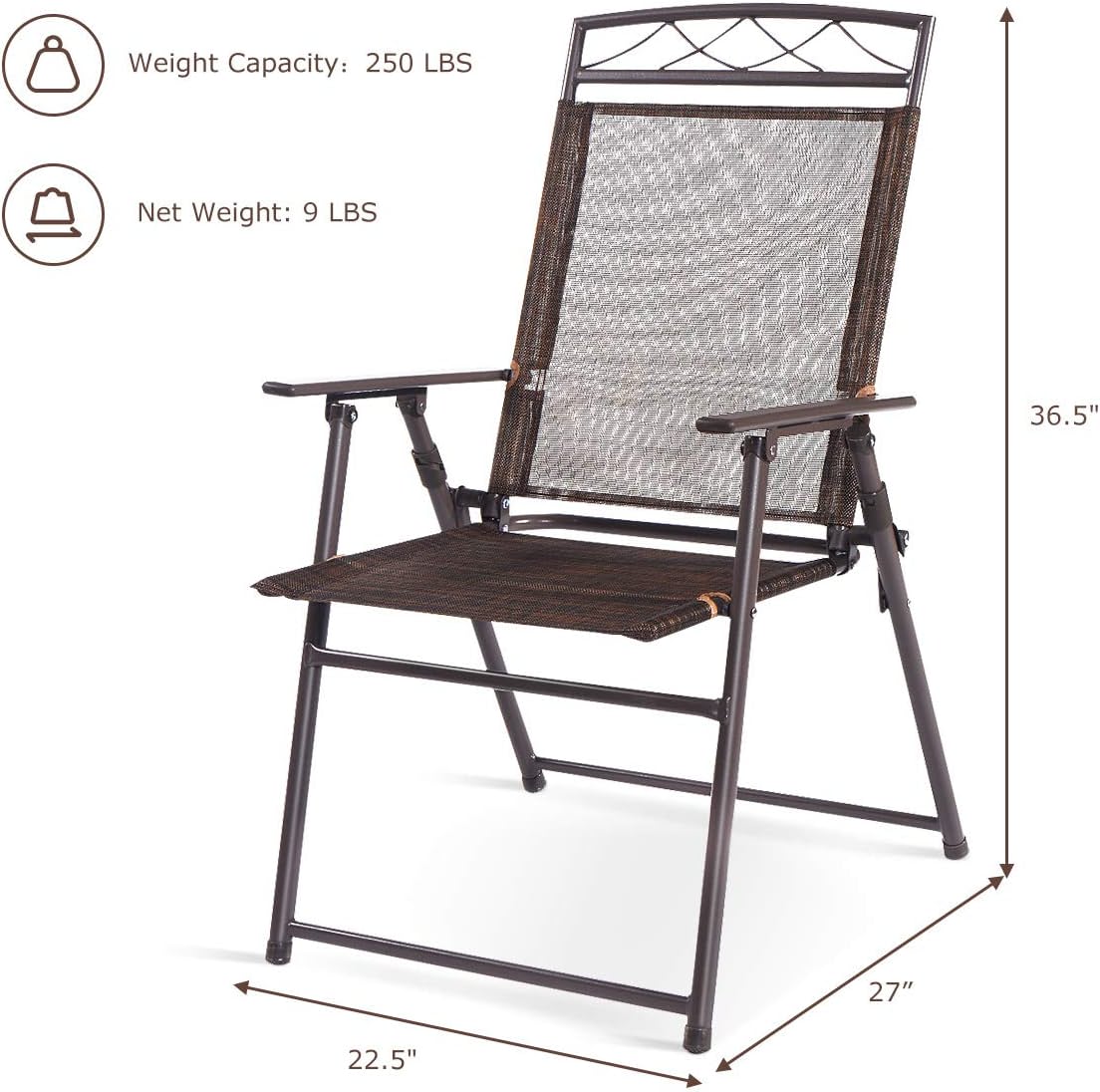 Brown Folding Metal Outdoor Dining Chairs with Steel Armrest (4-Pack)