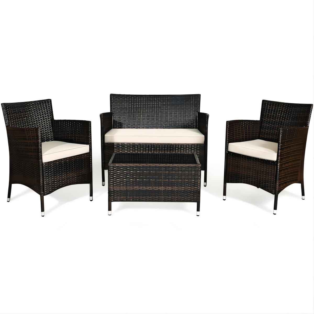 4-Piece Wicker Patio Conversation Set with Beige Cushion
