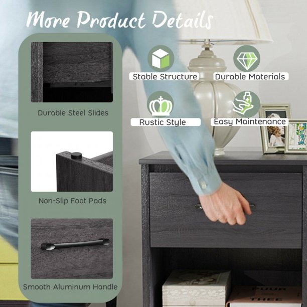 2-Tiers Wooden End Side Table Nightstand with Drawer Storage Shelf Black