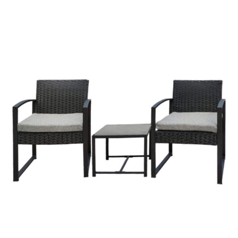 Black 3-Piece Rattan Wicker Outdoor Patio Conversation Set with Gray Cushion