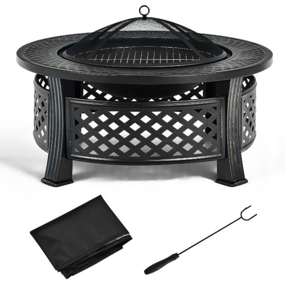 32 in. W x 19 in.H Round Outdoor Metal Wood Burning Fire Pit in Black with Poker and BBQ Grill