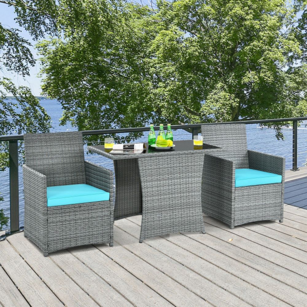 3-Piece Patio Rattan Wicker Outdoor Bistro Set Dining Table Set with Turquoise Cushions