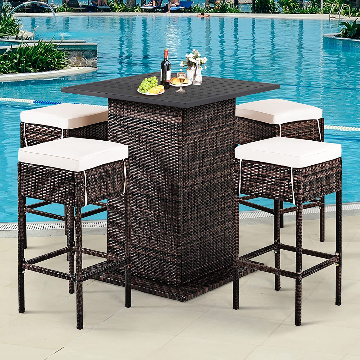 5-Piece Patio Wicker Rattan Outdoor Dining Set with Hidden Storage Shelf and Beige Cushions
