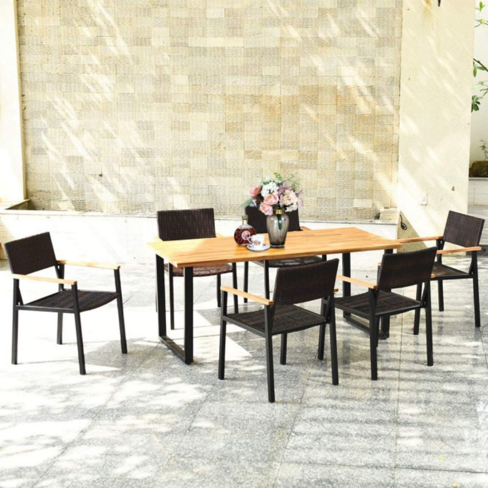 7-Piece Outdoor Patio Rattan Dining Set with Rectangular Table and Arm Chairs