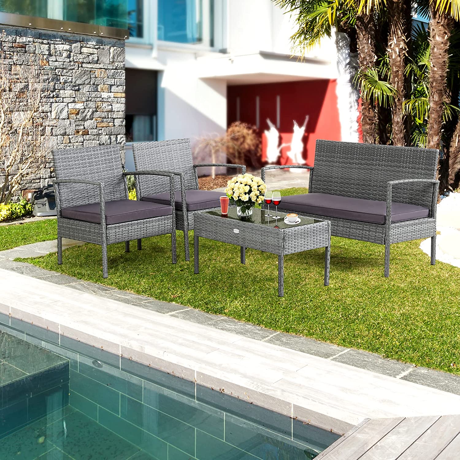 4-Pieces Rattan Outdoor Conversation Set with Purple Cushion