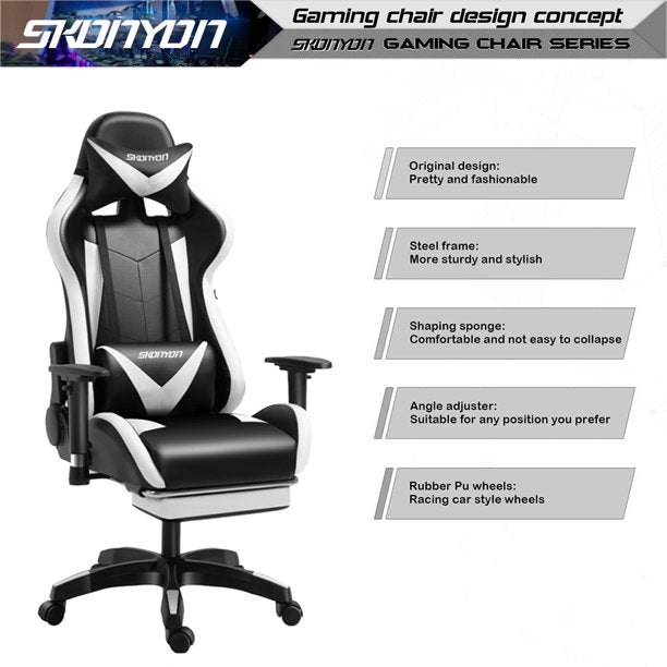 SKONYON Gaming Chair, High Back Computer Chair, Ergonomic Swivel Rolling Chair with Lumbar Support Headrest (White)