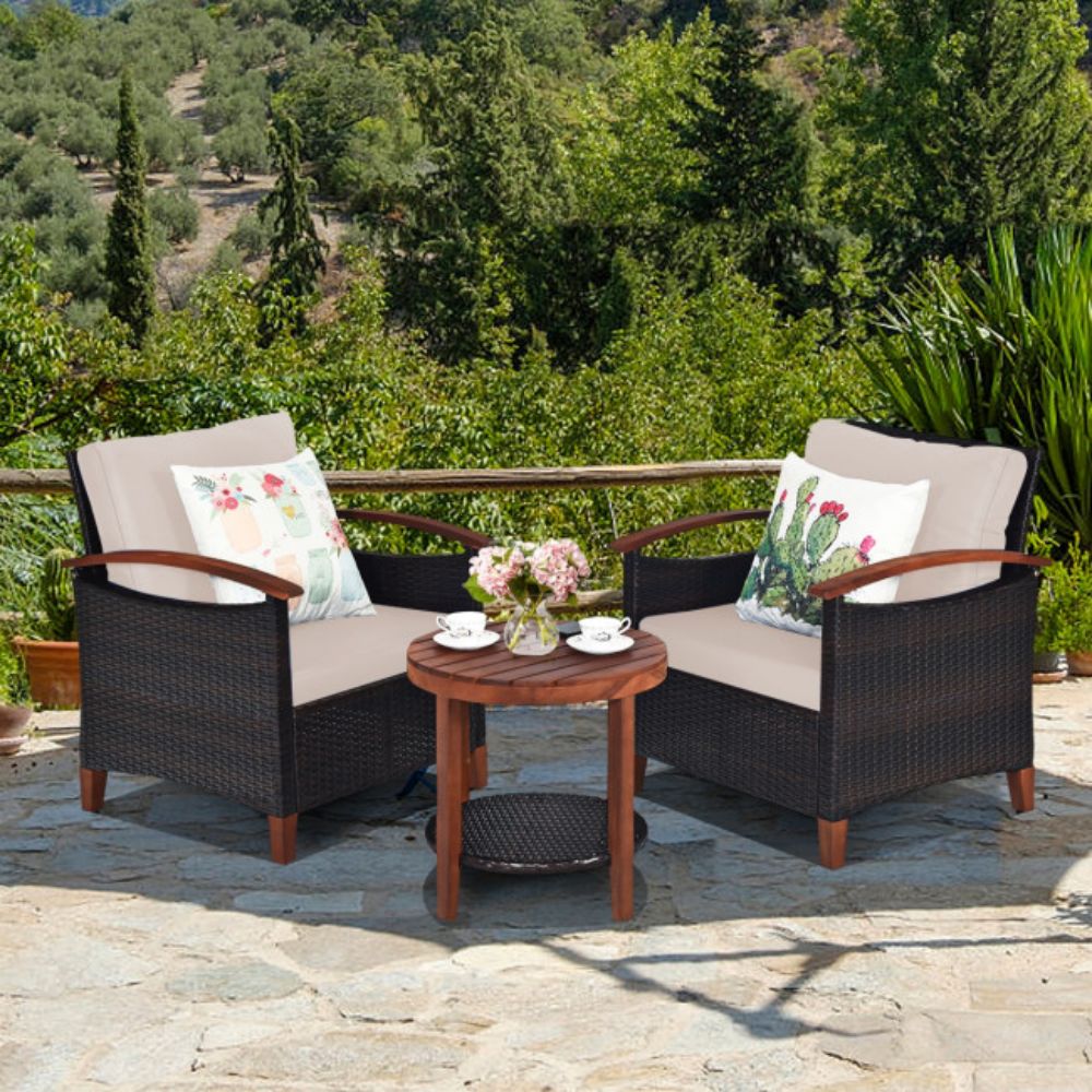 3-Pieces Outdoor Wicker Wooden Frame Patio Conversation Furniture Set with Beige Cushion