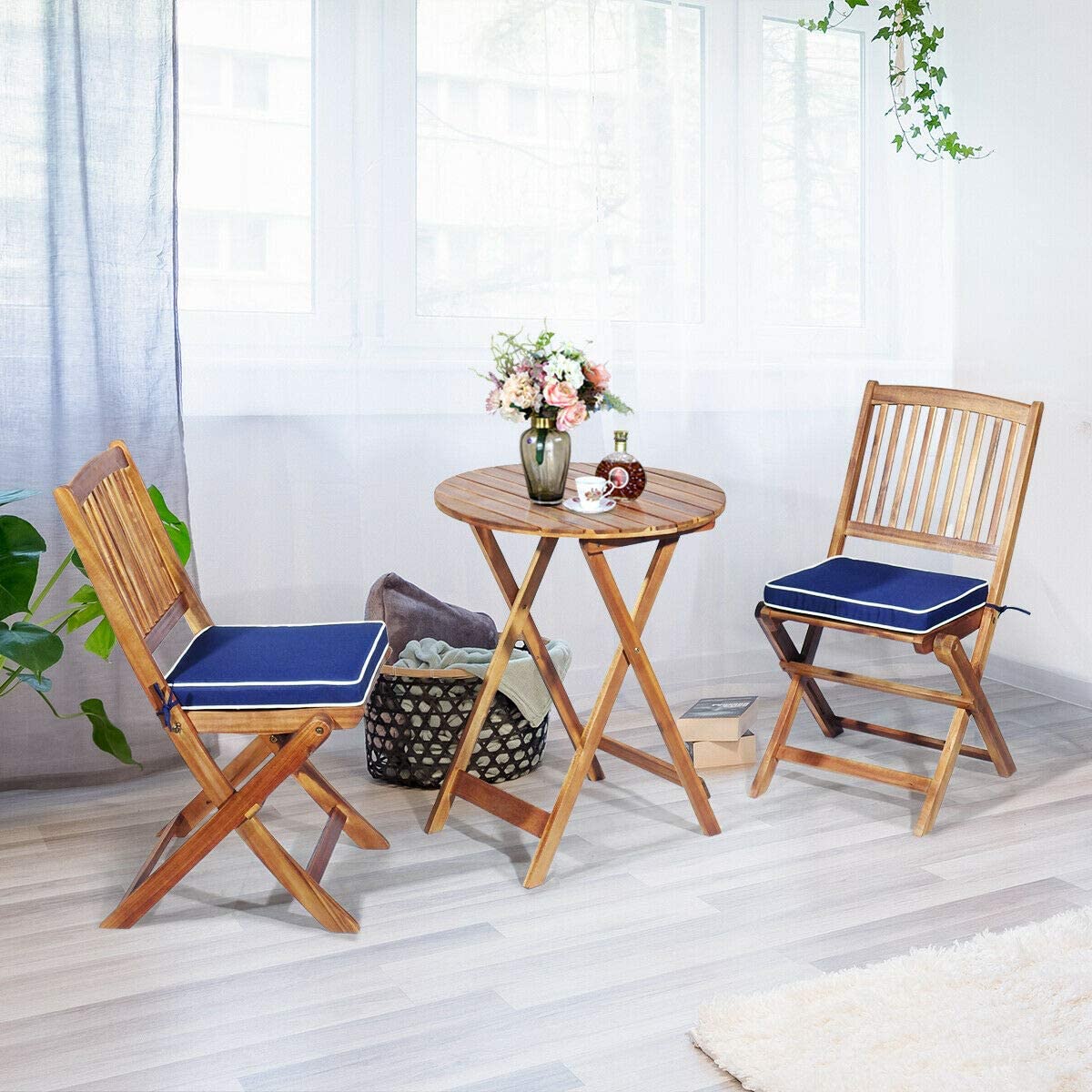 3-Piece Patio Folding Wooden Outdoor Bistro Set with Blue Cushions