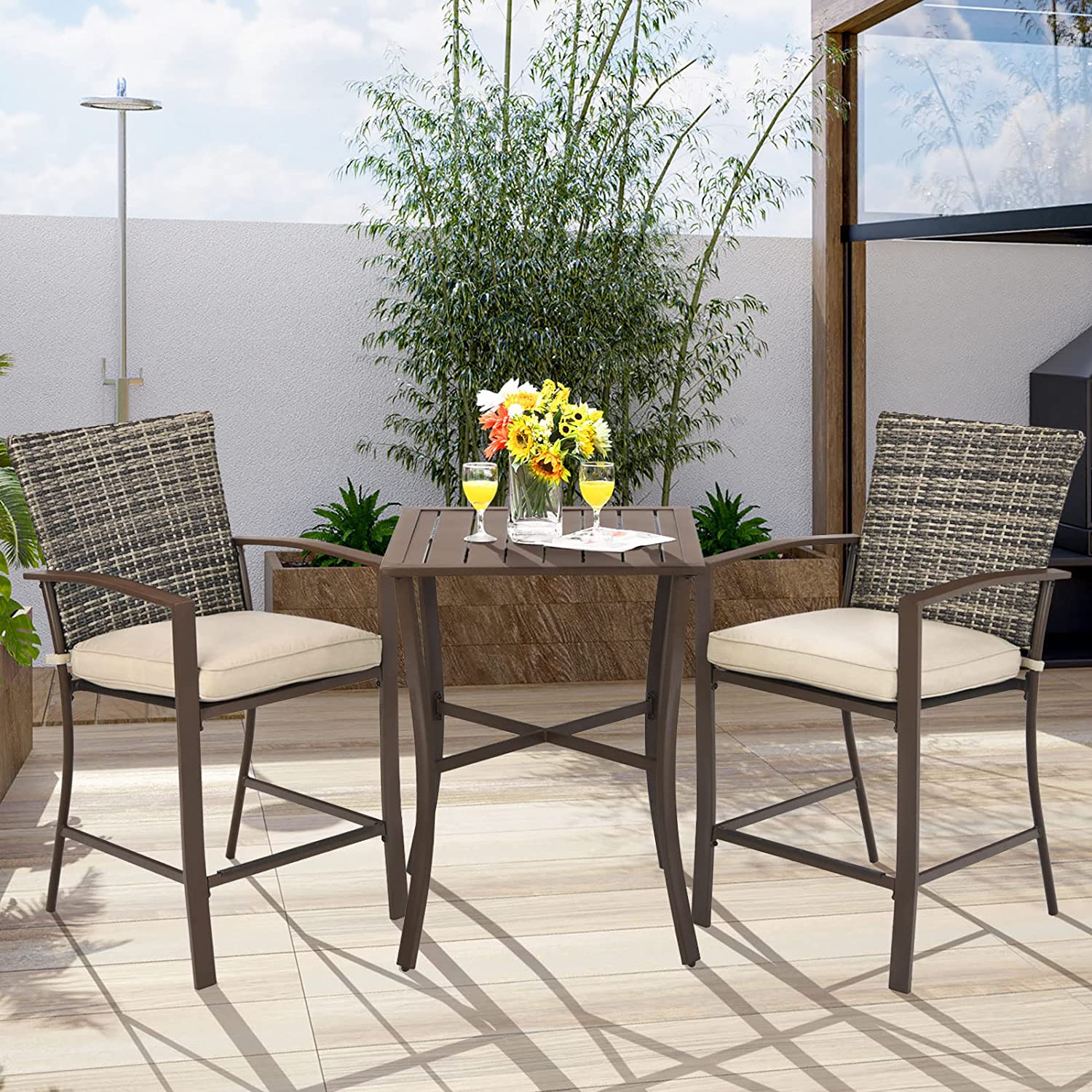 3-Pieces Rattan Patio Outdoor Conversation Furniture Set with Slat Table and Beige Cushions