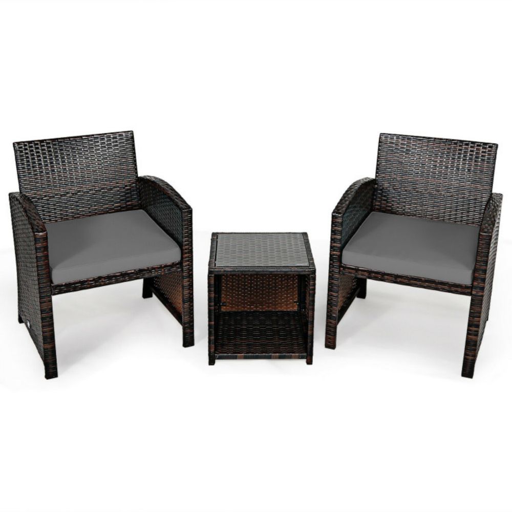 3-Piece Rattan Wicker Patio Conversation Set with Gray Cushions