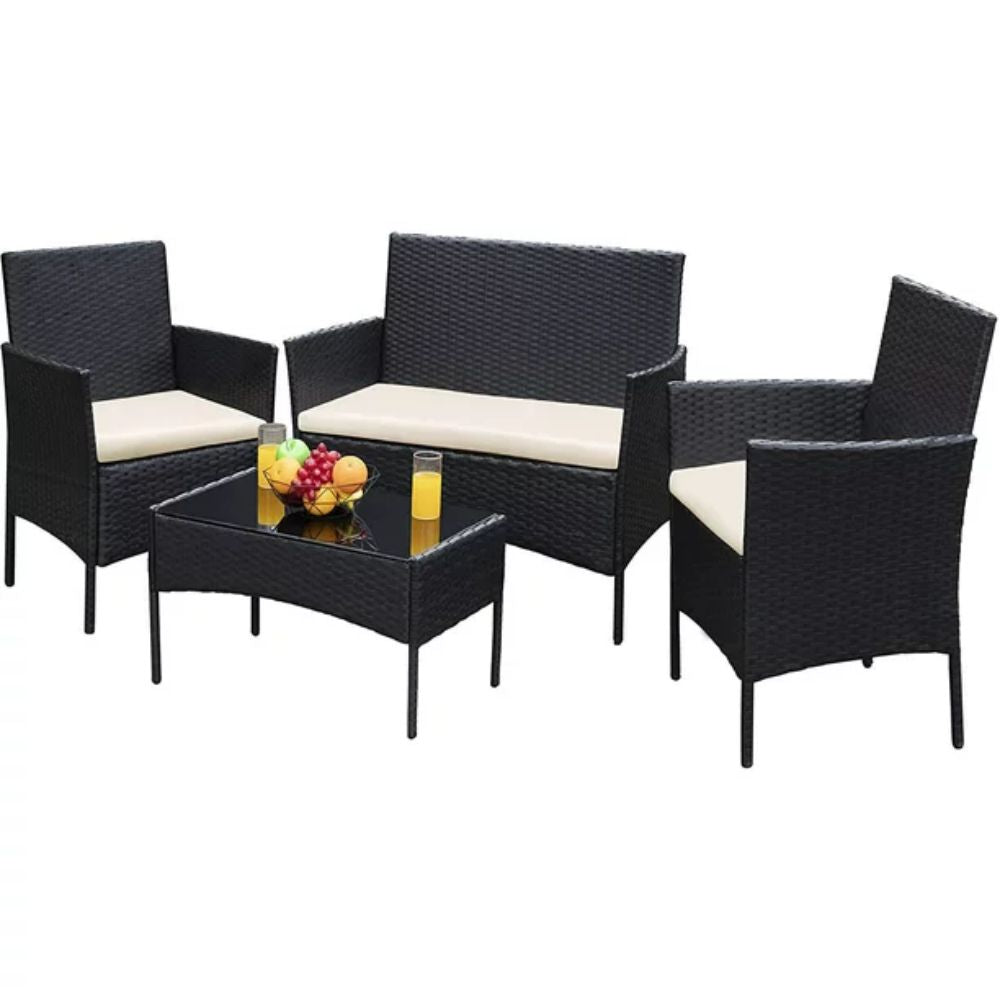 4-Piece Rattan Outdoor Conversation Seating Set with Beige Cushion and Patio Tempered Glass Table