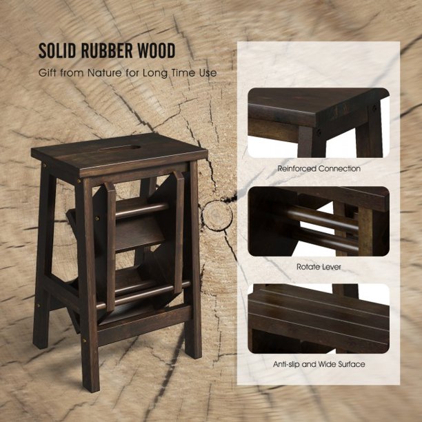 3-in-1 Rubber Wood Step Stool with Convenient Handle Brown