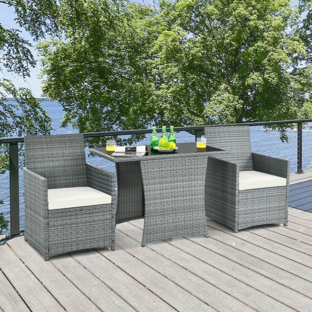 3-Piece Patio Rattan Wicker Outdoor Bistro Set Dining Table Set with White Cushions