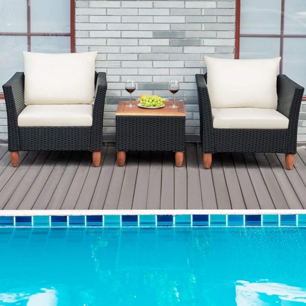 3-Pieces Outdoor Patio Rattan Conversation Set with White Cushions