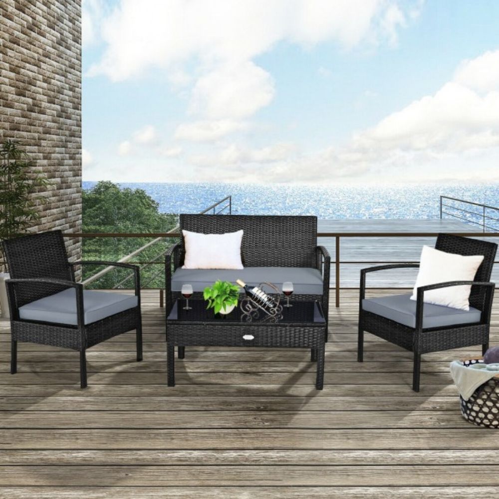 4-Pieces Rattan Wicker Patio Conversation Set with Black Cushions
