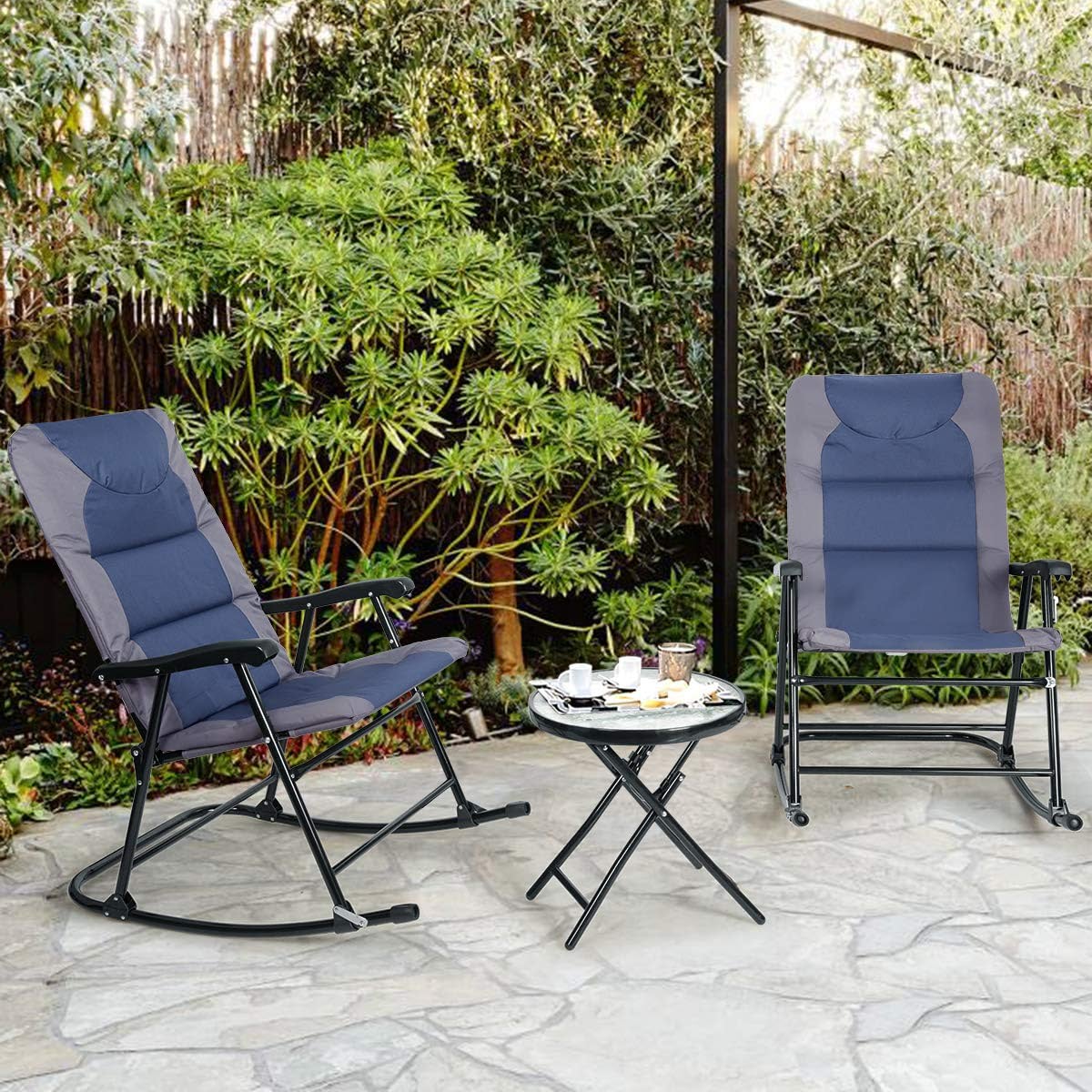 3-Piece Outdoor Folding Rocking Chair Conversation Set with Blue and Grey Cushion