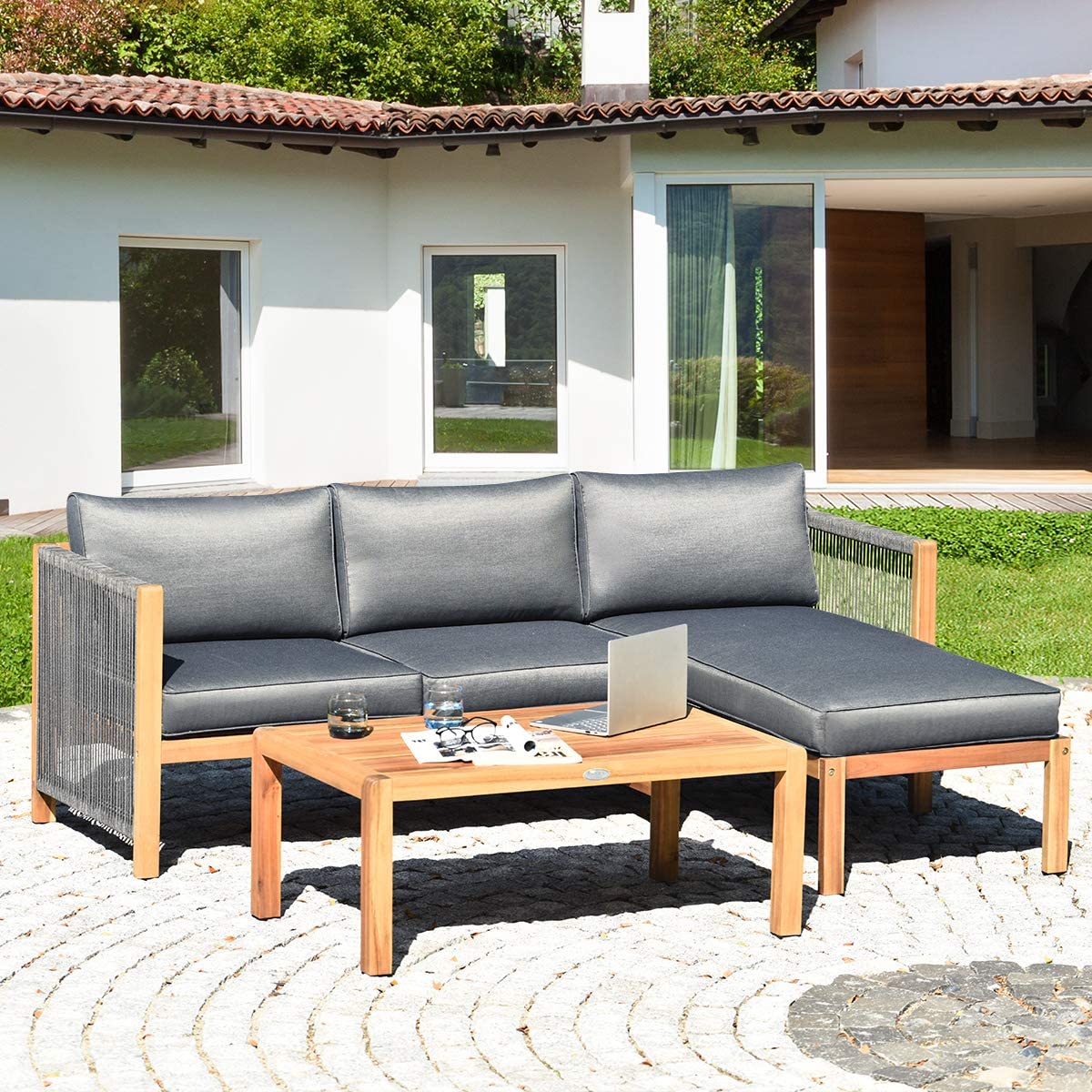 3-Piece Acacia Wood Patio Conversation Set Sofa with Dark Grey Cushions