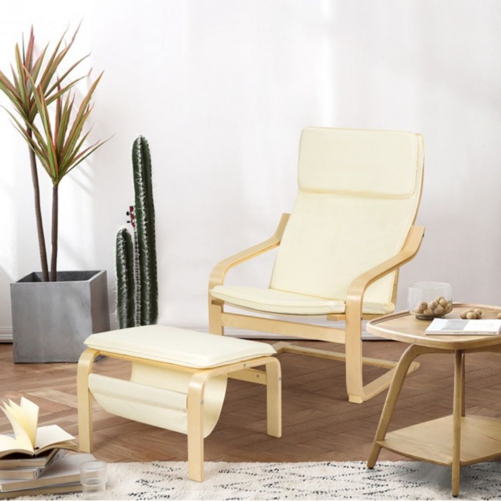 Wooden Outdoor Lounge Chair and Ottoman with White Cushion