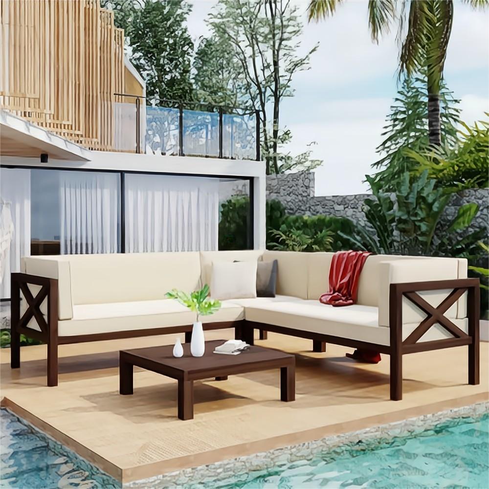 4-Piece Outdoor Wood Patio Backyard Sectional Seating Group with Beige Cushions and Table