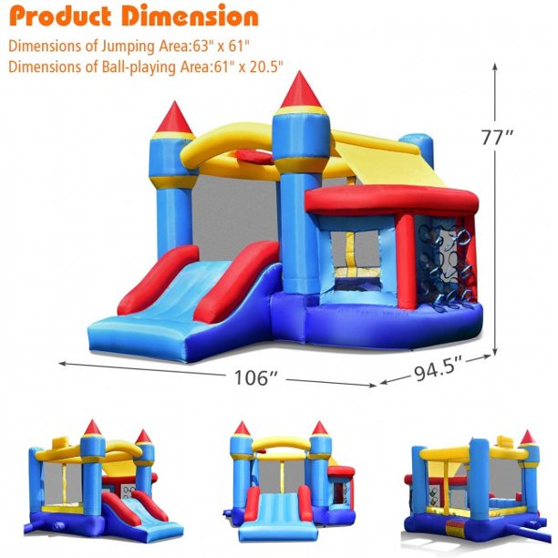 SUGIFT Kid Inflatable Bounce House, Castle Slide Inflatable Bounce House with Ball Pit and Basketball Hoop
