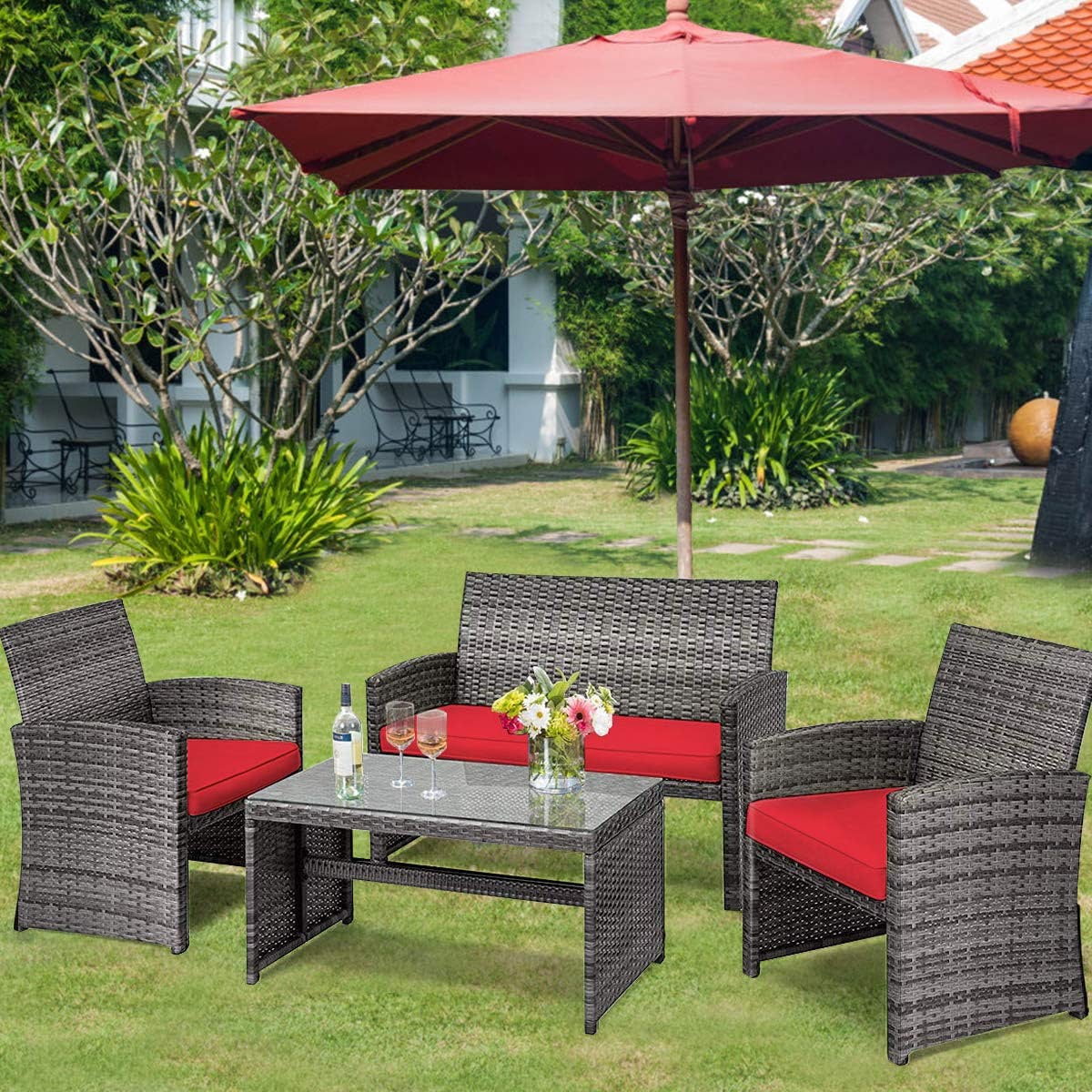 4-Piece Outdoor Wicker Conversation Furniture Set with Red Cushions and Tempered Glass Table