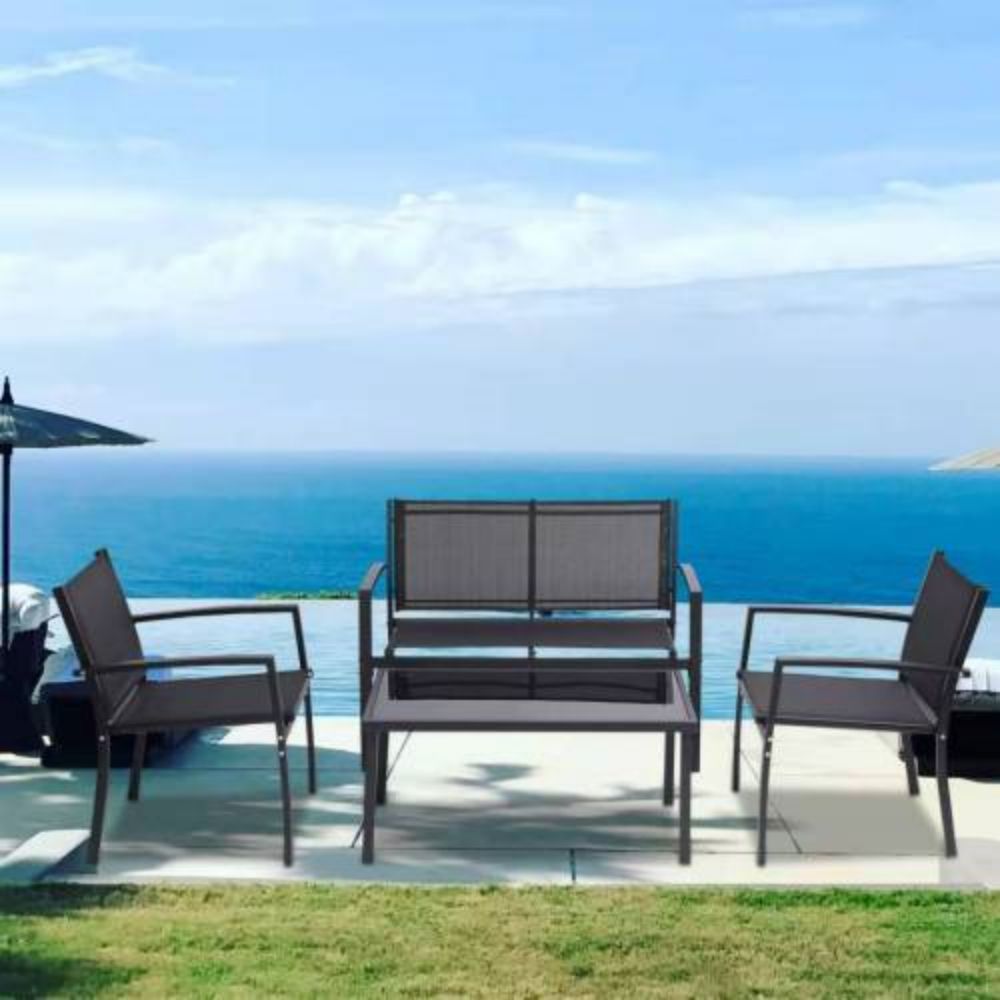 Black 4-Piece Metal Furniture Patio Conversation Set with Glass Top Coffee Table